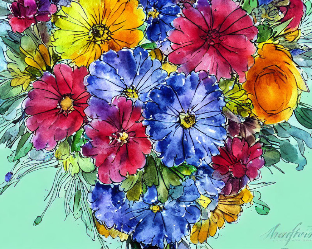 Colorful Watercolor Painting of Blue, Red, and Yellow Flower Bouquet
