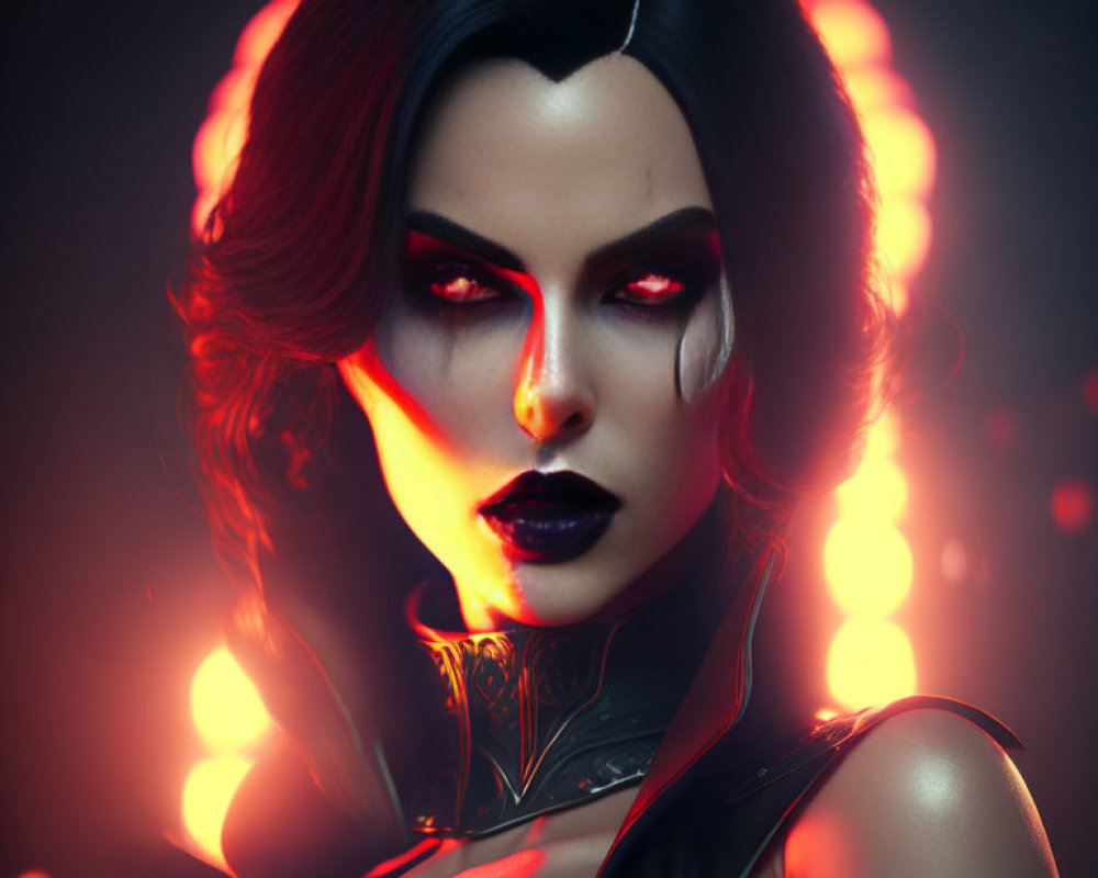 Stylized female character with glowing red eyes and futuristic black outfit