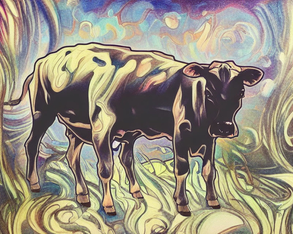 Colorful surreal cow art with swirling background.