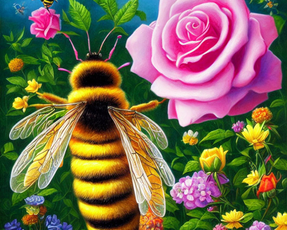 Detailed Illustration of Large Bee, Delicate Wings, Pink Rose, and Colorful Garden