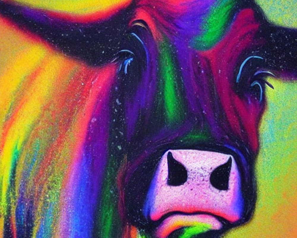 Vibrant cow chalk pastel drawing with yellow, green, purple, and orange hues