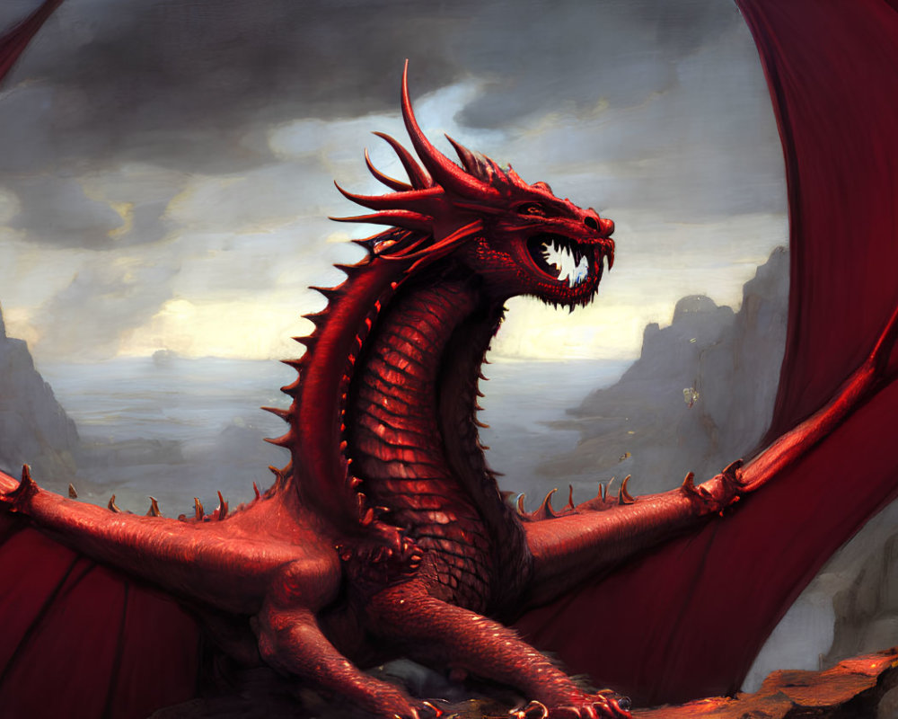 Red dragon perched on rocky outcrop with unfurled wings and snarling visage