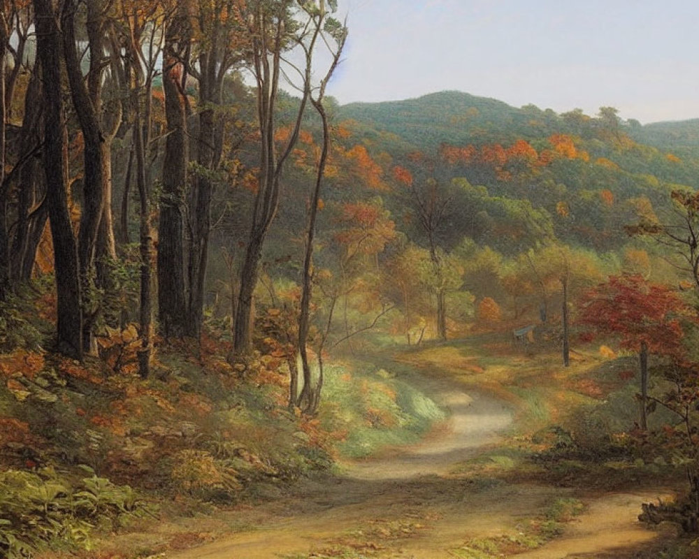 Tranquil autumn forest scene with winding path and misty hills