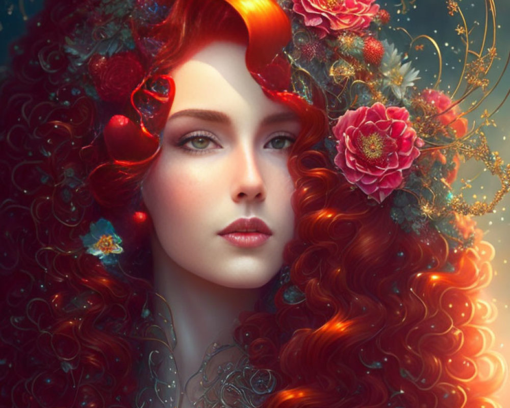 Digital artwork: Woman with flowing red hair and floral embellishments
