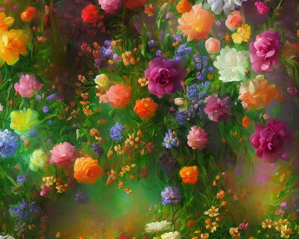 Colorful Painting of Blooming Flowers in Lush Garden