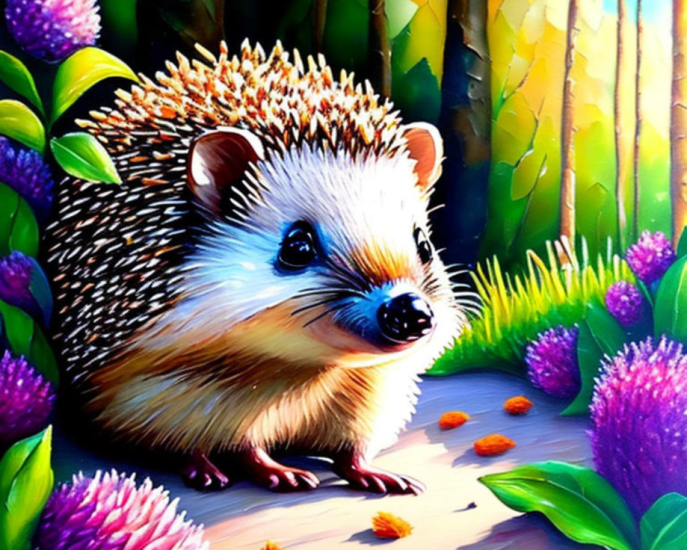 Smiling hedgehog in colorful forest scene
