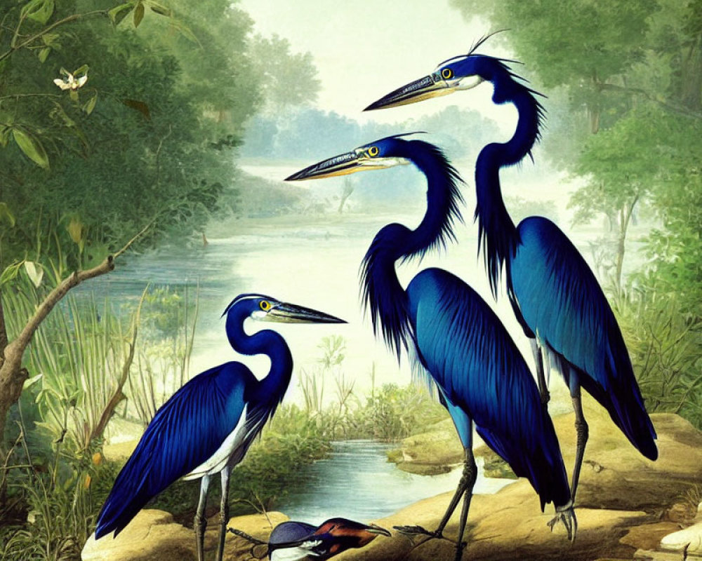 Three Blue Herons and Butterfly in Lush River Setting