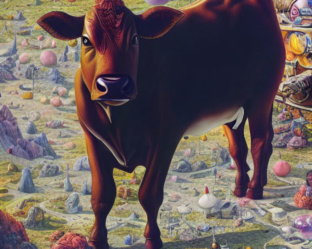 Surreal landscape featuring cow and bizarre objects