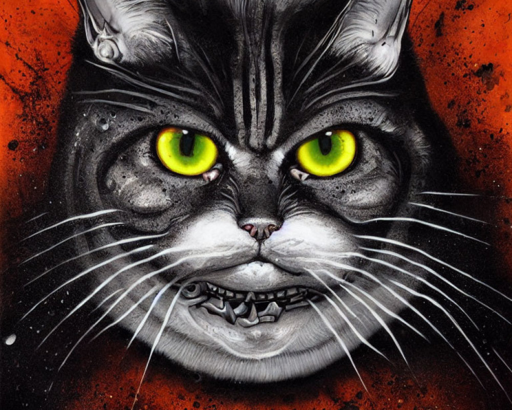 Hyper-realistic black and white cat illustration with yellow eyes and sharp fangs on orange background