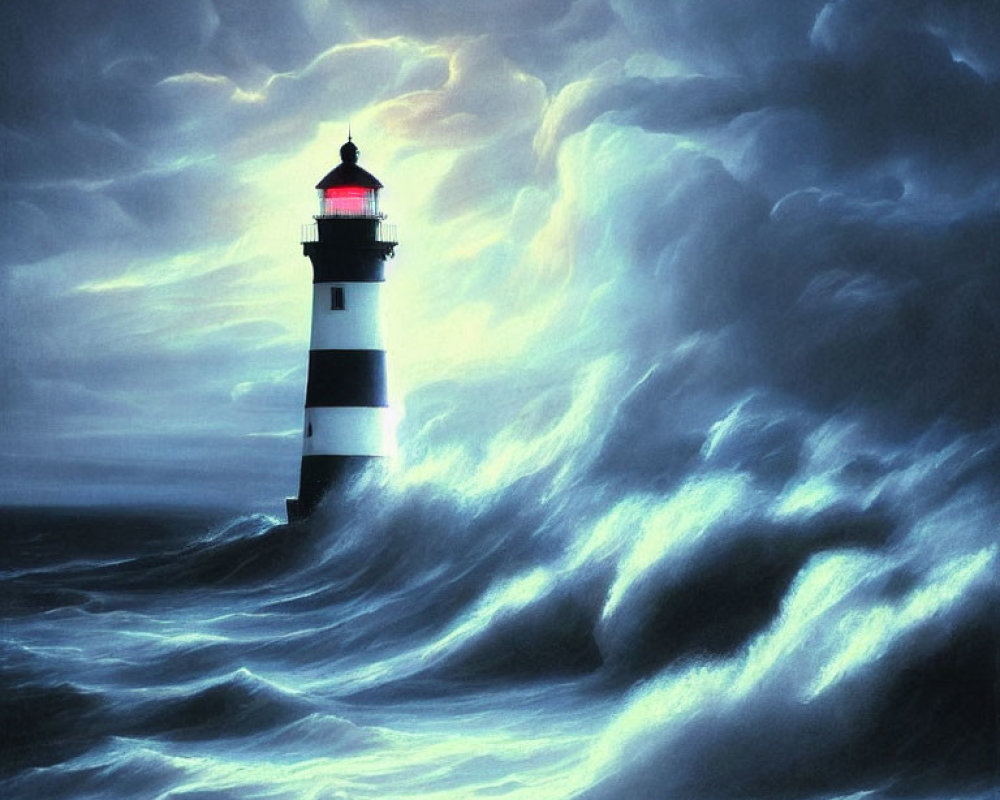Striped lighthouse in stormy seas under red sky.