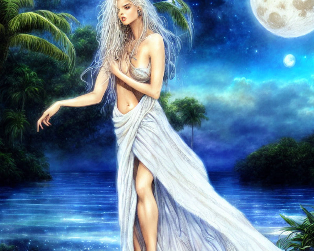 Ethereal figure with long silver hair by moonlit lake
