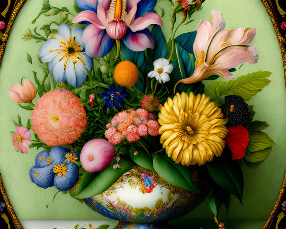 Colorful Flowers in Ornate Vase on Dark Background