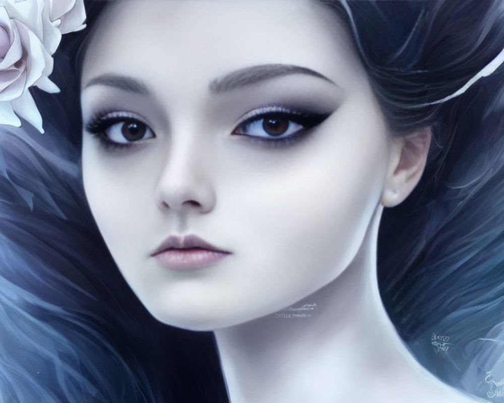Digital artwork features woman with pale skin, dark hair, captivating eyes, and white rose in hair on