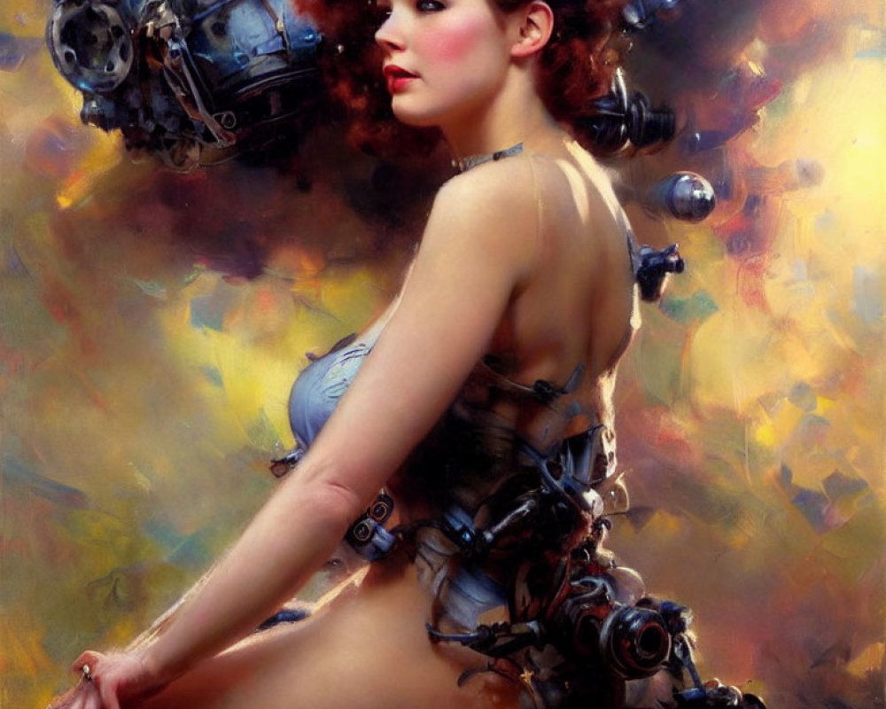 Abstract painting of woman fused with mechanical parts on vibrant background