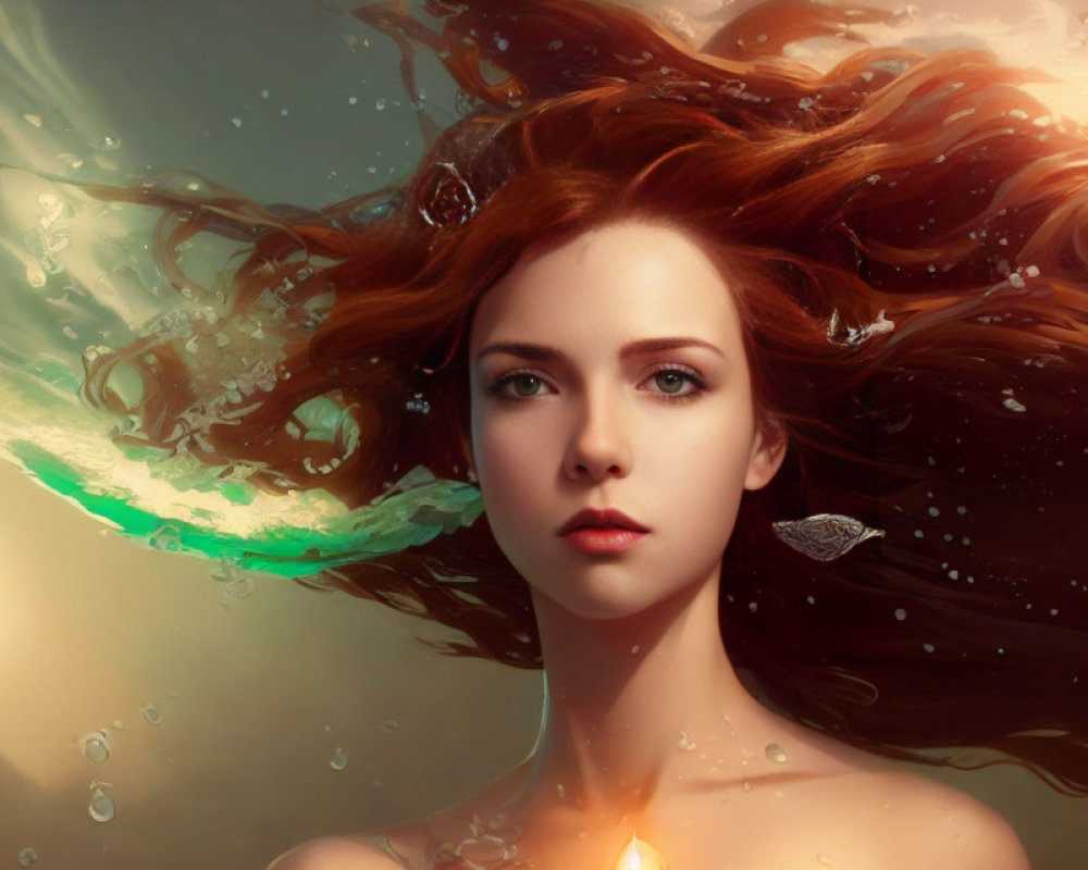 Red-haired woman submerged in water with fish and droplets.