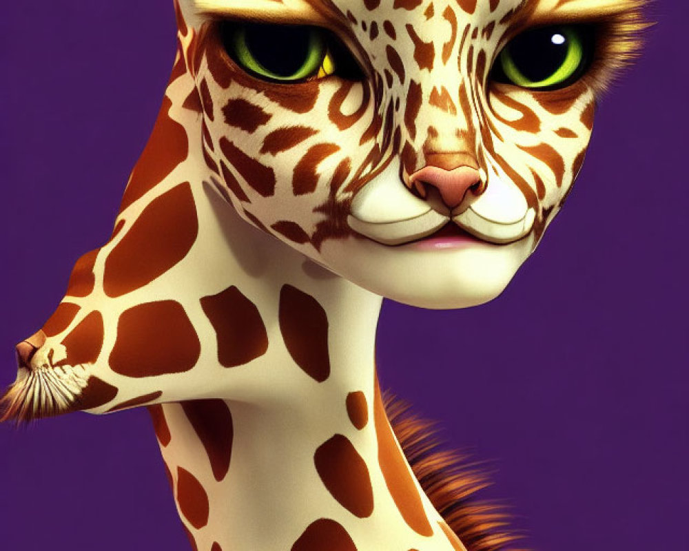 Realistic Giraffe with Feline Features on Purple Background