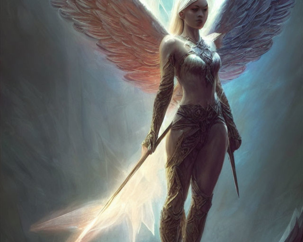 Ethereal winged figure with radiant sword in mystical environment