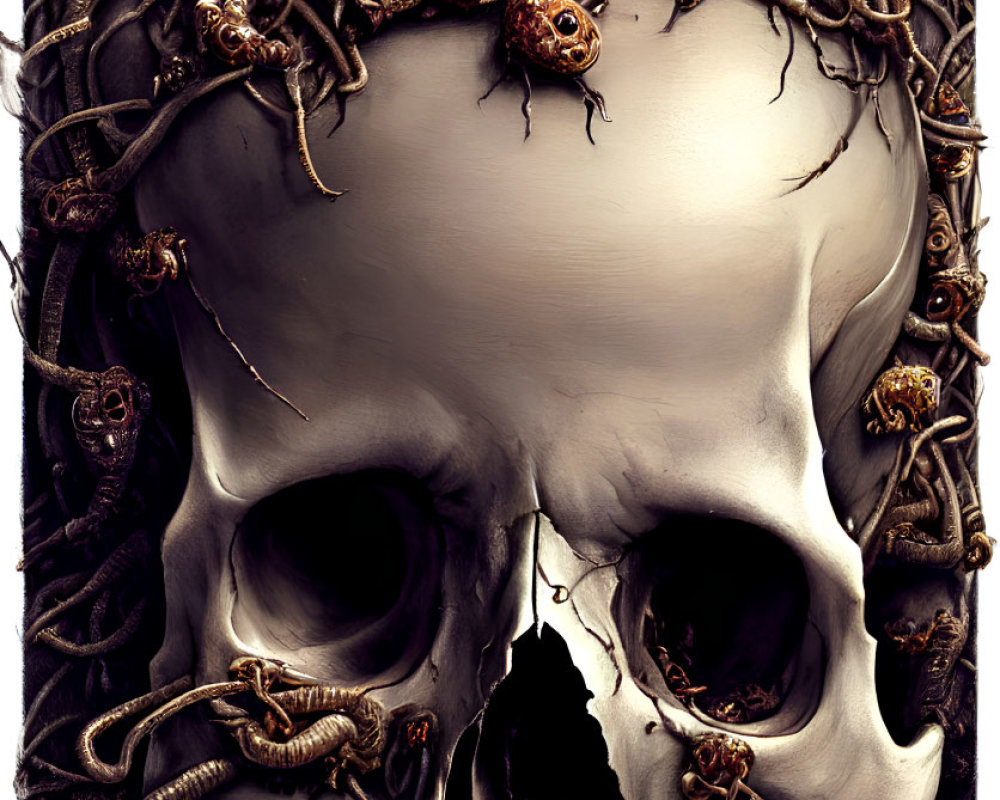 Detailed Human Skull Entwined with Serpents and Worms Illustration