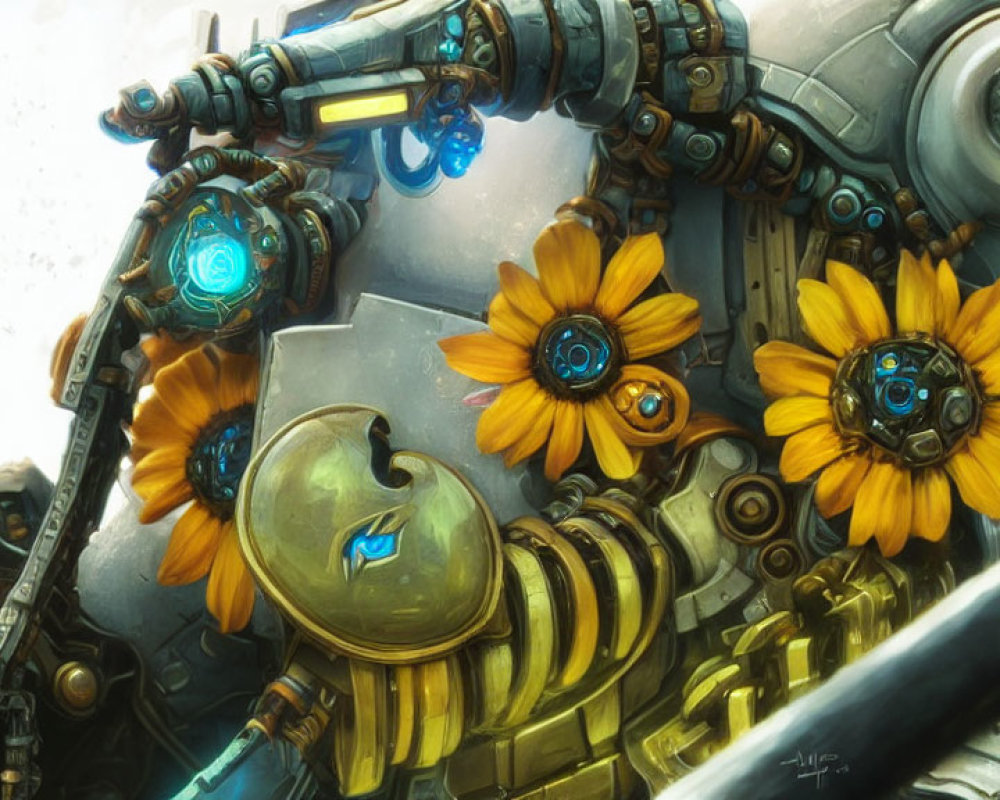Detailed illustration: Robot with mechanical parts and sunflowers fusion