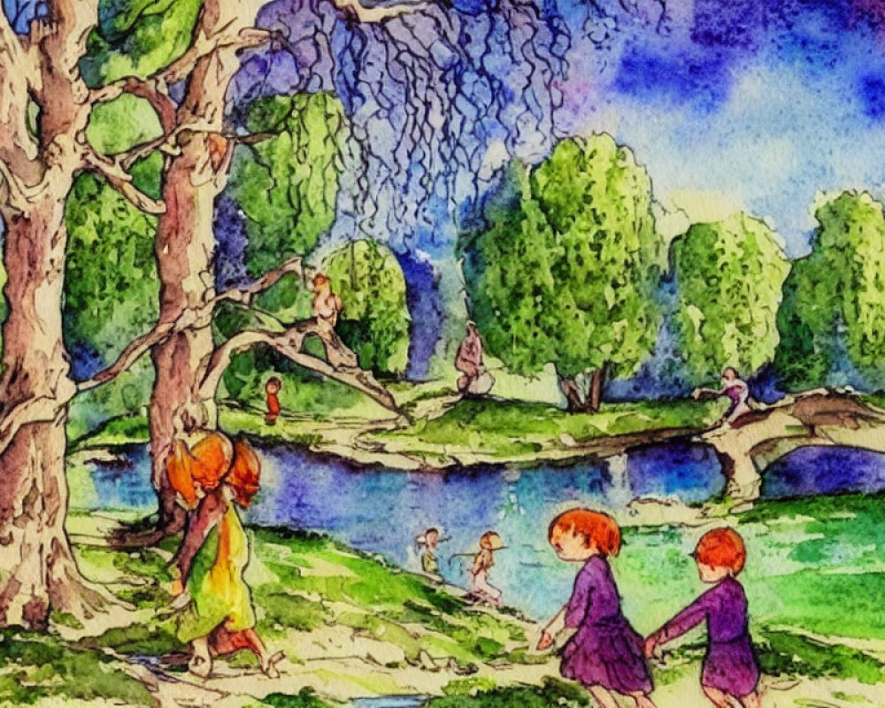 Colorful watercolor painting of children playing in park with bridge, trees, and blue sky