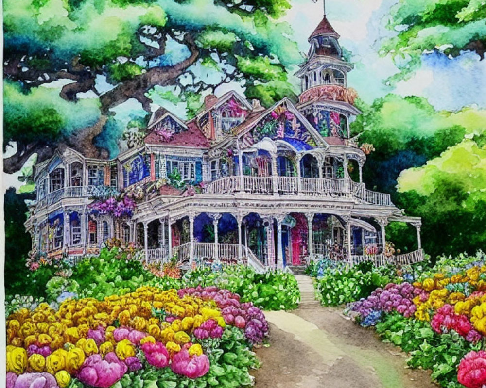 Victorian-style house watercolor painting with lush gardens