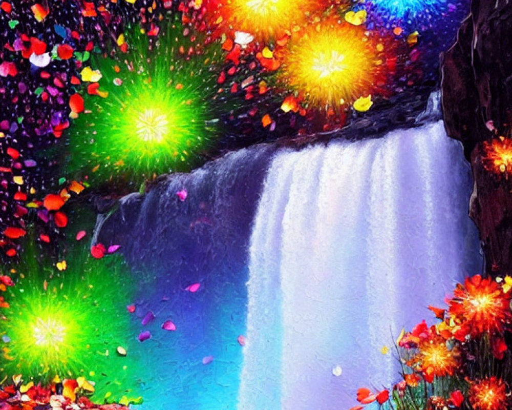 Colorful Waterfall Painting with Illuminated Flowers and Leaves