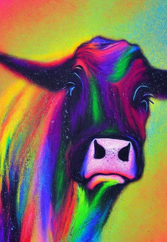 Vibrant cow chalk pastel drawing with yellow, green, purple, and orange hues