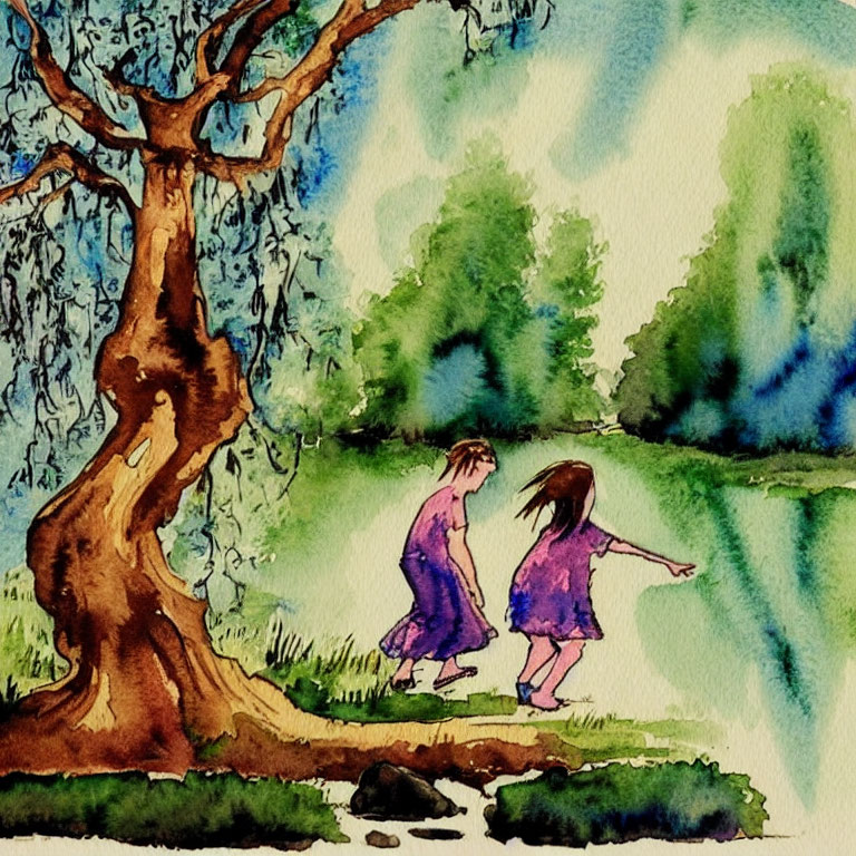 Children walking by tree in watercolor painting.