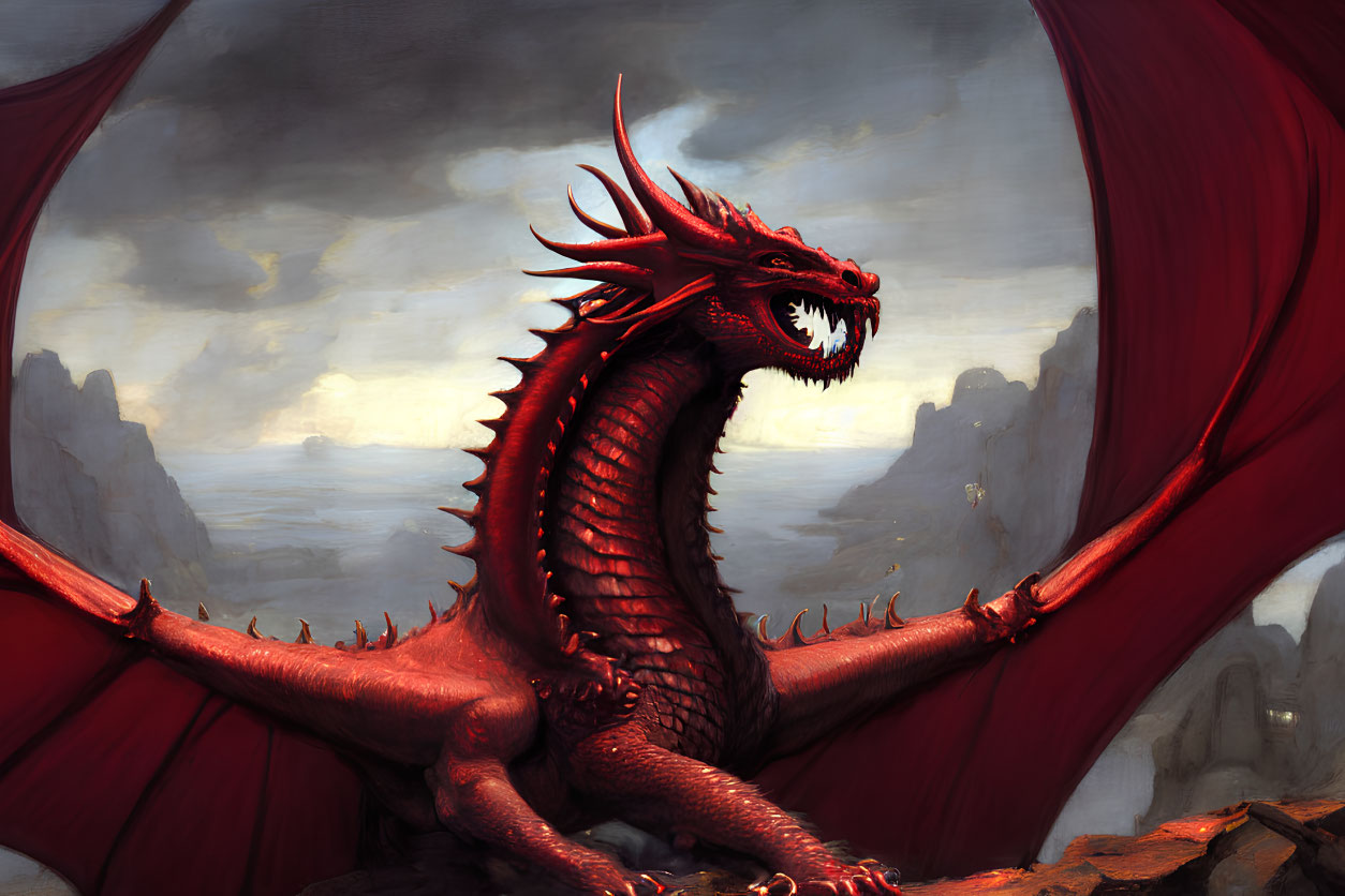 Red dragon perched on rocky outcrop with unfurled wings and snarling visage