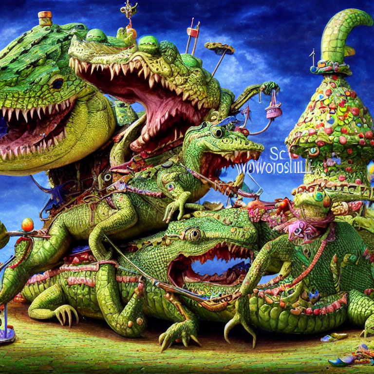 Colorful Illustration of Anthropomorphic Alligators in Chaotic Scenes