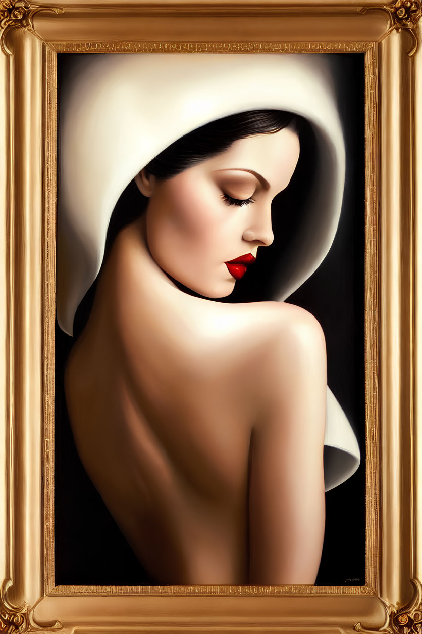 Portrait of woman with pale skin, red lips, dark hair, draped in white cloth, in orn
