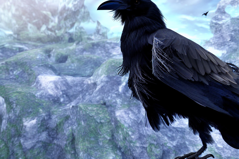 Detailed image of raven on rocky terrain with hazy mountain landscape