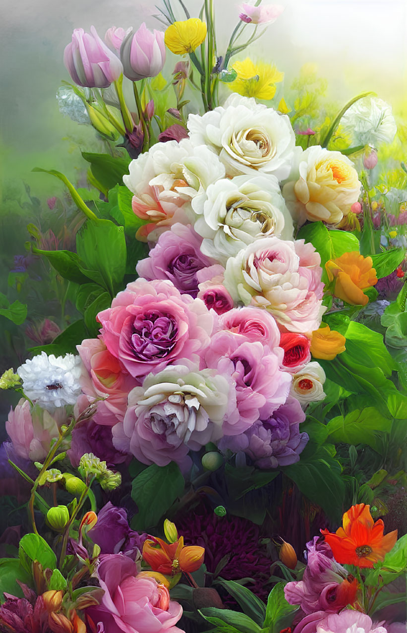 Colorful bouquet of roses and peonies on misty backdrop