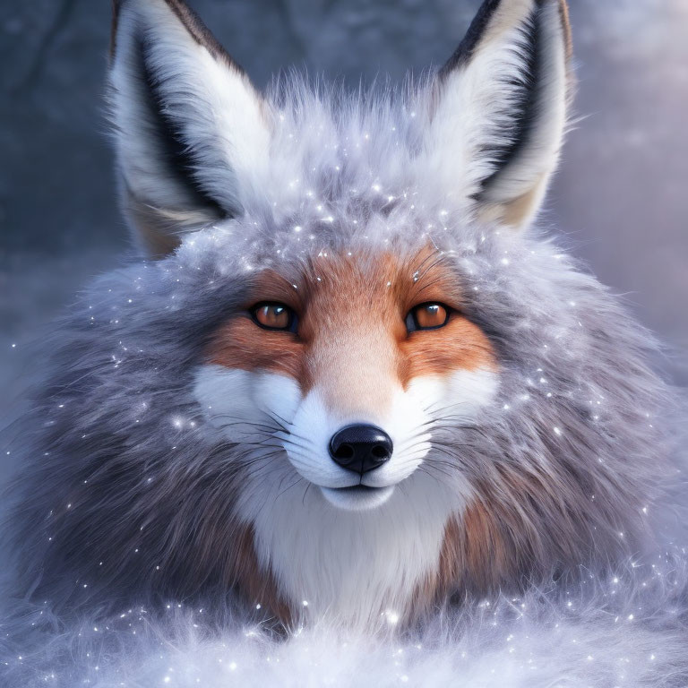 Realistic fox face with fluffy fur and amber eyes in snowfall