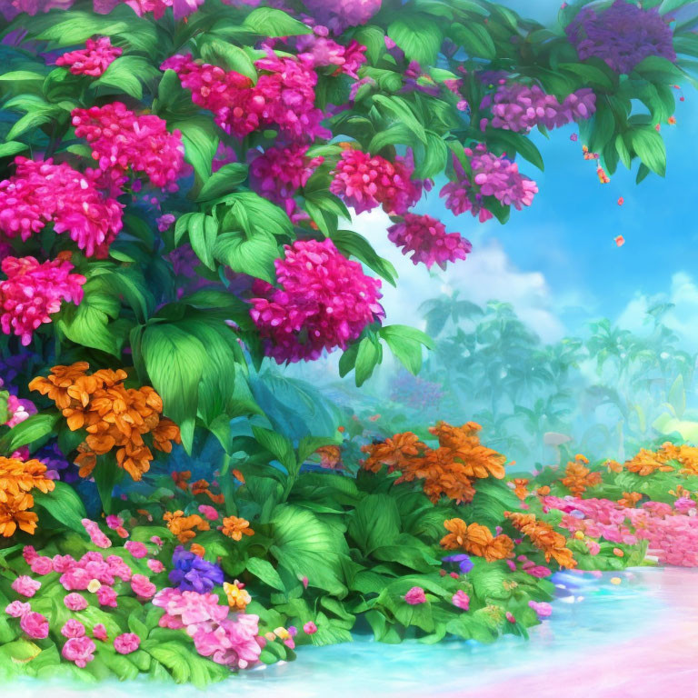 Colorful Garden Illustration with Pink, Orange, and Purple Flowers