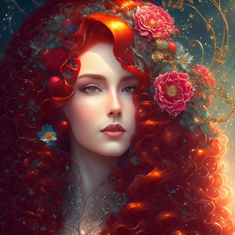 Digital artwork: Woman with flowing red hair and floral embellishments