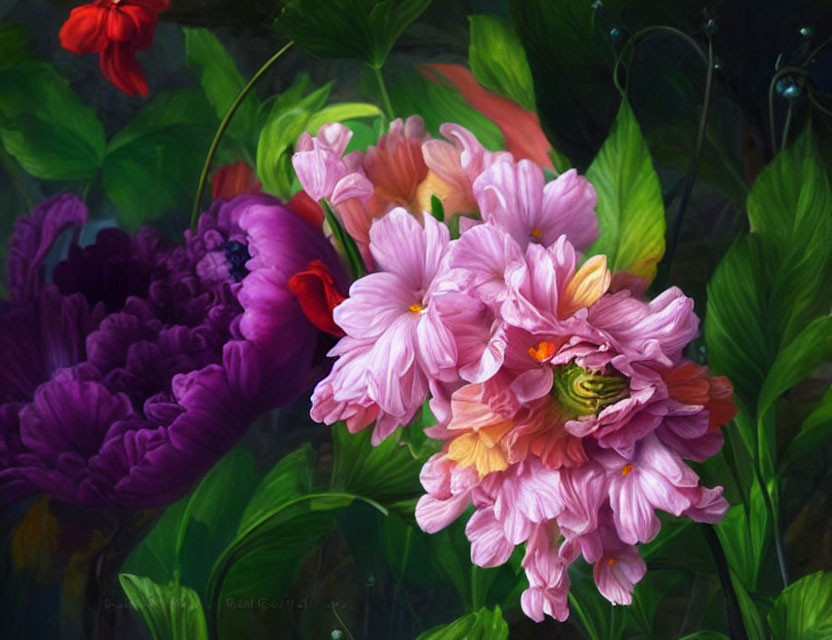 Colorful floral painting with pink, purple, and red flowers in green foliage