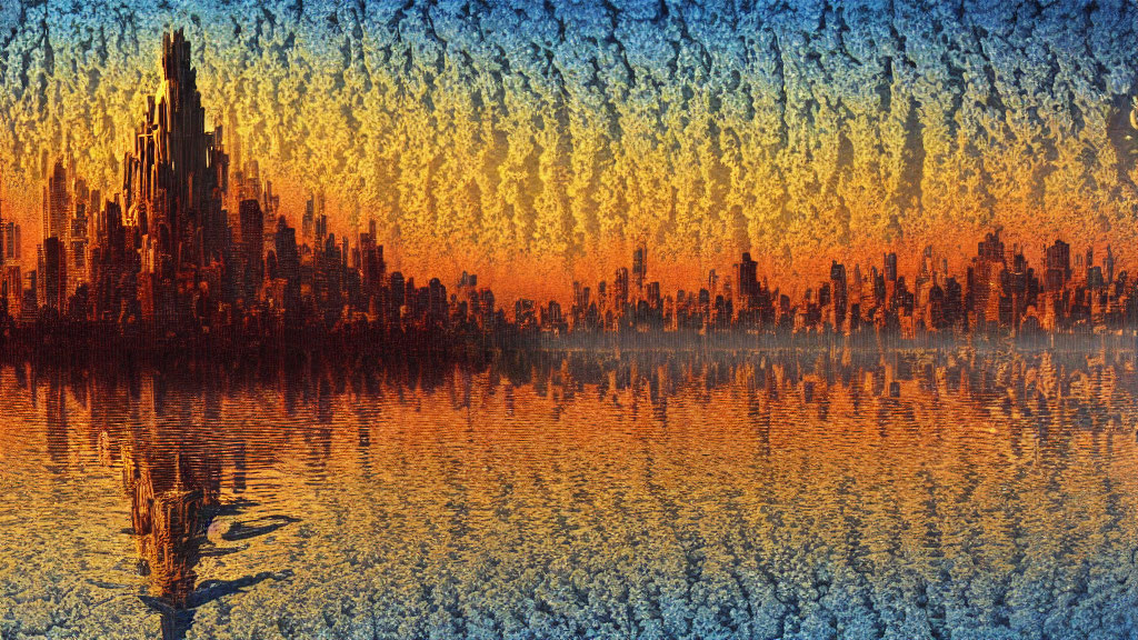 Textured abstract cityscape with warm hues reflected on water and patterned sky