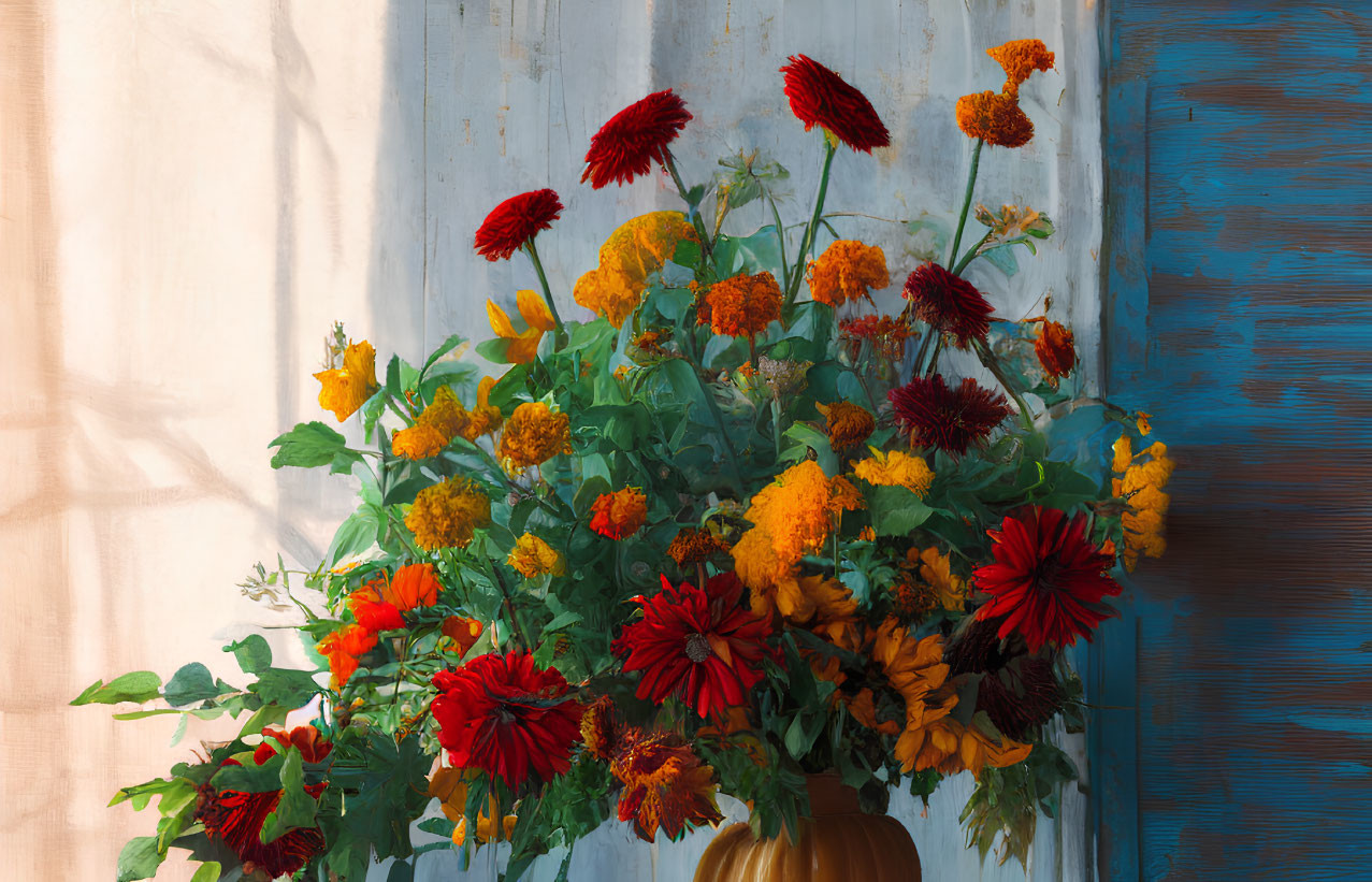 Colorful Red and Yellow Flowers in Vase with White Wall and Blue Shutter