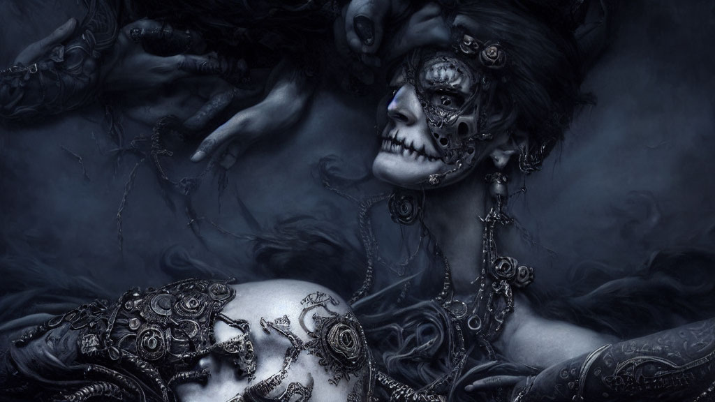 Dark Fantasy Gothic Image: Skeletal Figure with Metallic Ornaments and Ghostly Hands