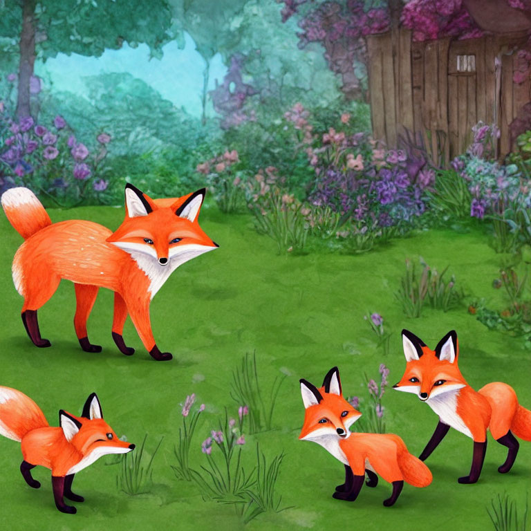Colorful Illustration of Three Foxes in Forest Setting