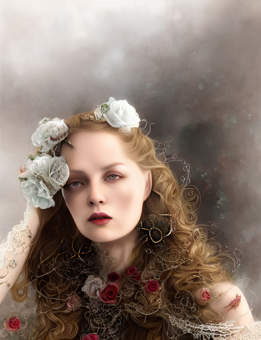 Curly-haired woman with floral adornments in thoughtful pose against dreamy backdrop