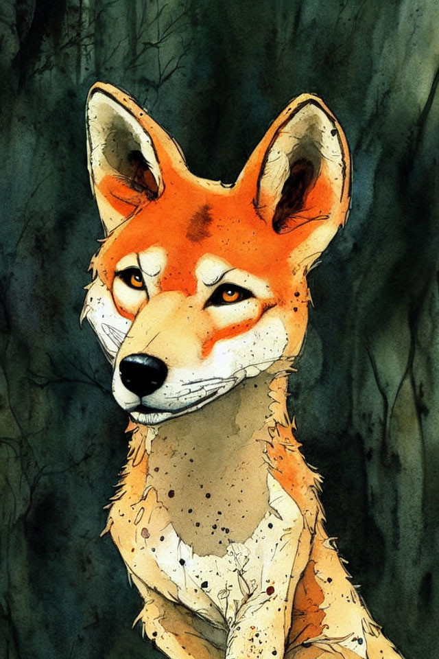 Detailed Watercolor Fox Head Illustration with Intense Gaze and Vibrant Orange Hues