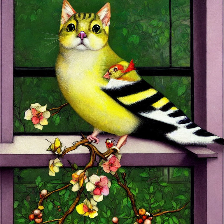 Surreal painting of cat with bird's face on windowsill with flowering branches