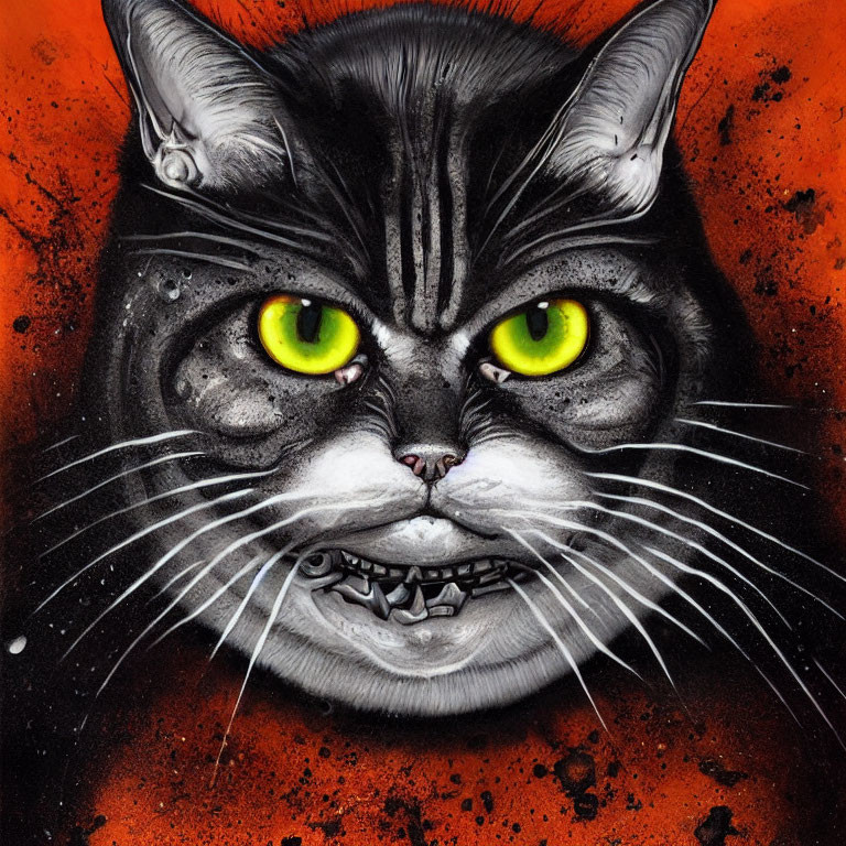 Hyper-realistic black and white cat illustration with yellow eyes and sharp fangs on orange background