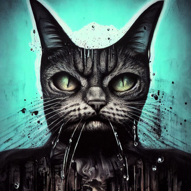Detailed Illustration of Black Cat with Green Eyes and Dripping White Paint
