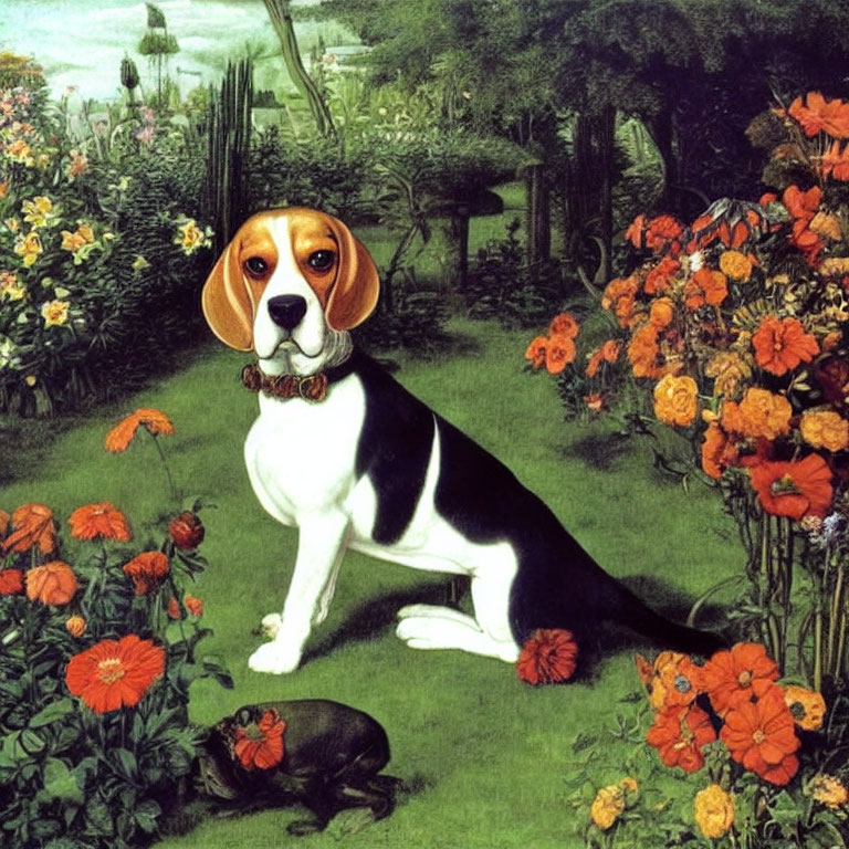 Beagle in Vibrant Garden with Colorful Flowers