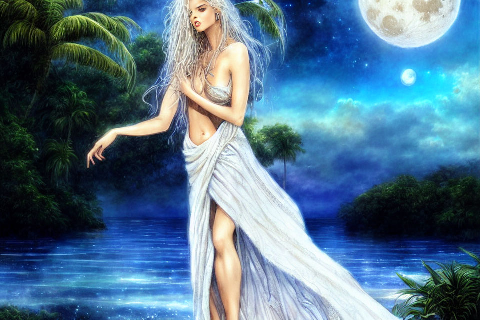Ethereal figure with long silver hair by moonlit lake
