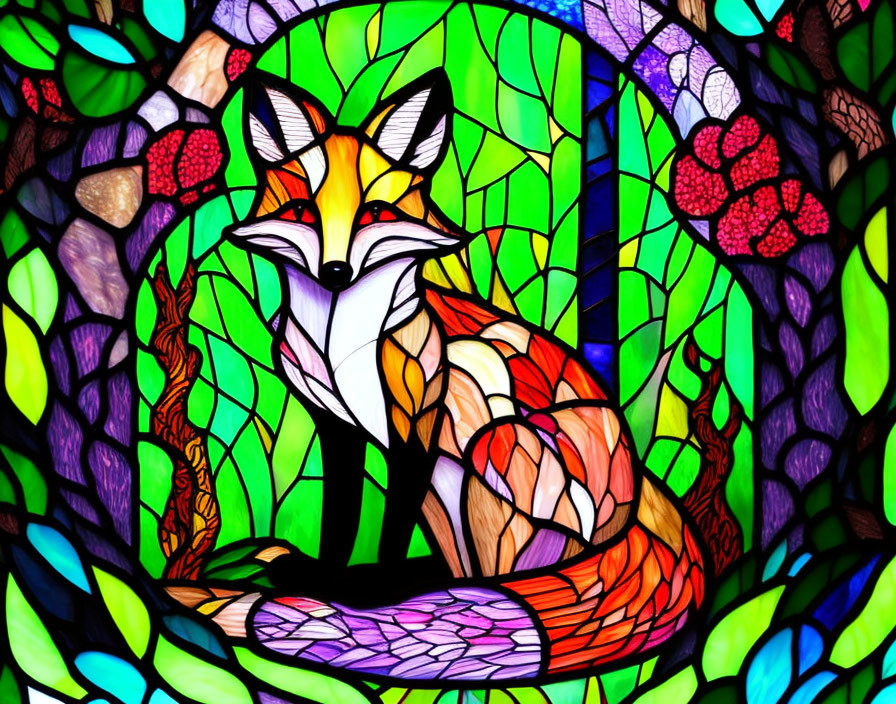 Colorful Stained Glass Artwork of Fox in Lush Floral Setting