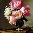 Colorful Still Life Painting with Pink and White Peonies and Bonsai
